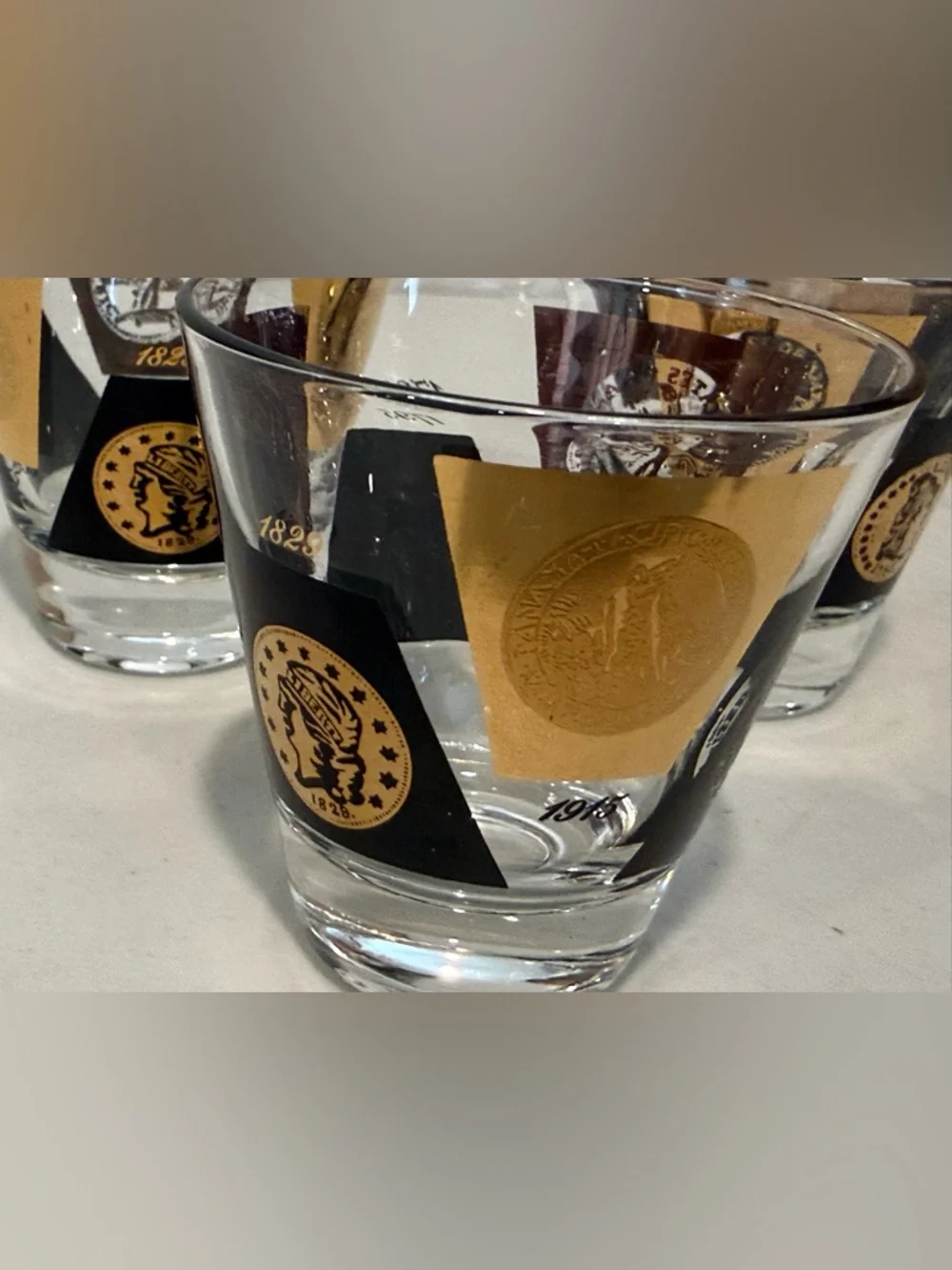 Set 3 Mid Century Cera Glass 22K Gold w/ Coin Emblem Design 